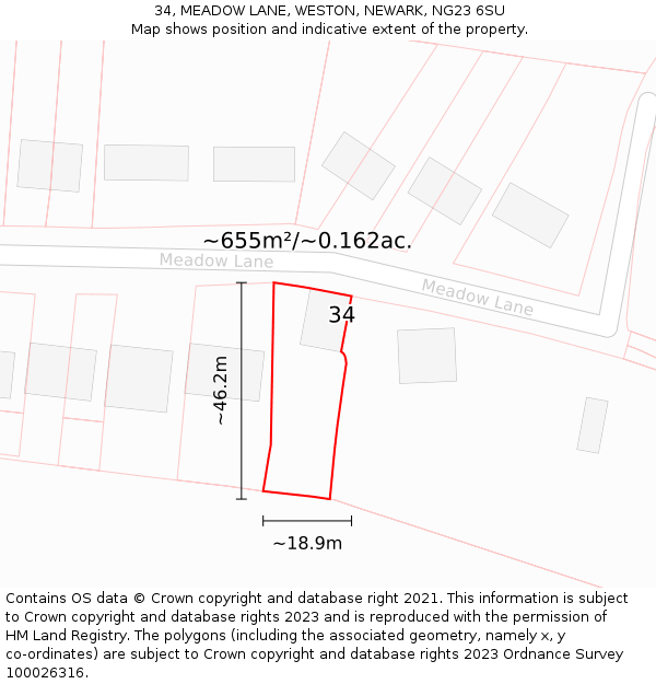 34, MEADOW LANE, WESTON, NEWARK, NG23 6SU: Plot and title map