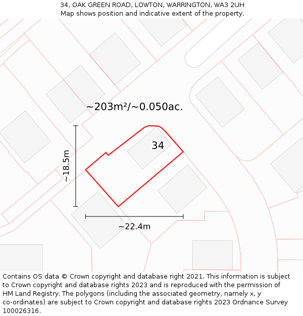 34, OAK GREEN ROAD, LOWTON, WARRINGTON, WA3 2UH: Plot and title map