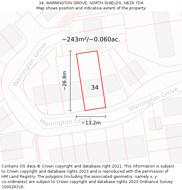 34, WARRINGTON GROVE, NORTH SHIELDS, NE29 7DA: Plot and title map