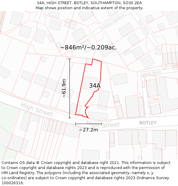 34A, HIGH STREET, BOTLEY, SOUTHAMPTON, SO30 2EA: Plot and title map