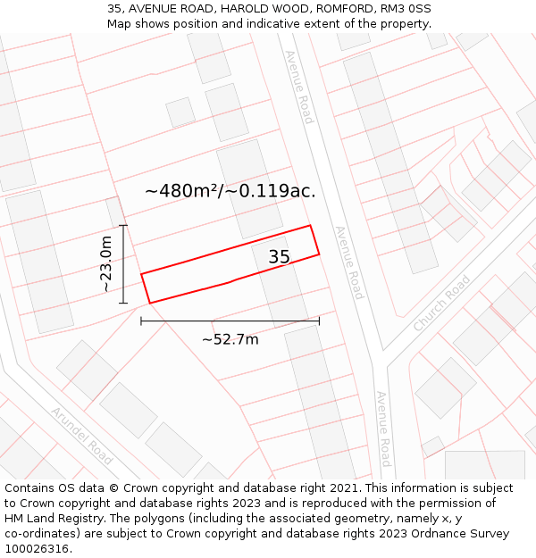 35, AVENUE ROAD, HAROLD WOOD, ROMFORD, RM3 0SS: Plot and title map