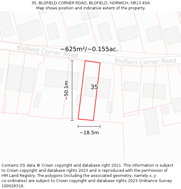 35, BLOFIELD CORNER ROAD, BLOFIELD, NORWICH, NR13 4SA: Plot and title map