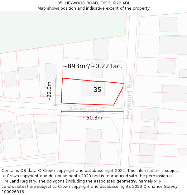 35, HEYWOOD ROAD, DISS, IP22 4DL: Plot and title map