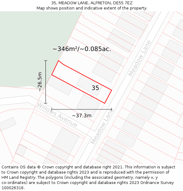 35, MEADOW LANE, ALFRETON, DE55 7EZ: Plot and title map