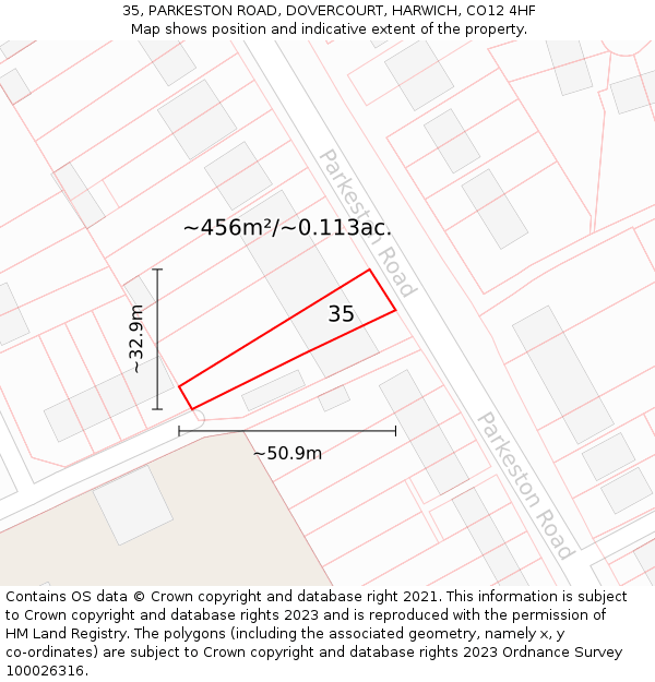 35, PARKESTON ROAD, DOVERCOURT, HARWICH, CO12 4HF: Plot and title map