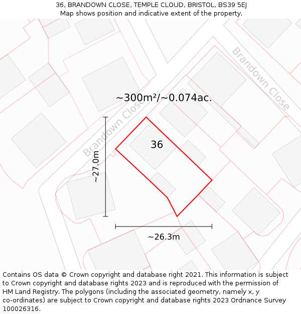 36, BRANDOWN CLOSE, TEMPLE CLOUD, BRISTOL, BS39 5EJ: Plot and title map