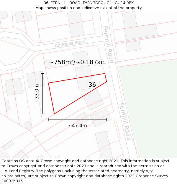 36, FERNHILL ROAD, FARNBOROUGH, GU14 9RX: Plot and title map