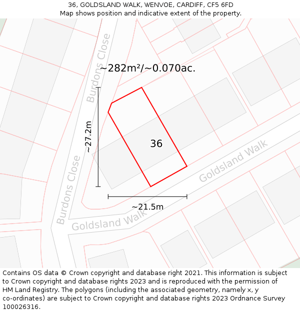 36, GOLDSLAND WALK, WENVOE, CARDIFF, CF5 6FD: Plot and title map