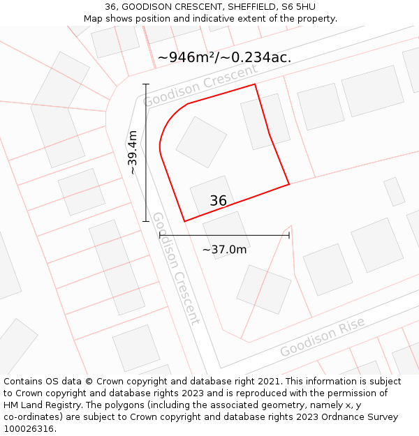 36, GOODISON CRESCENT, SHEFFIELD, S6 5HU: Plot and title map