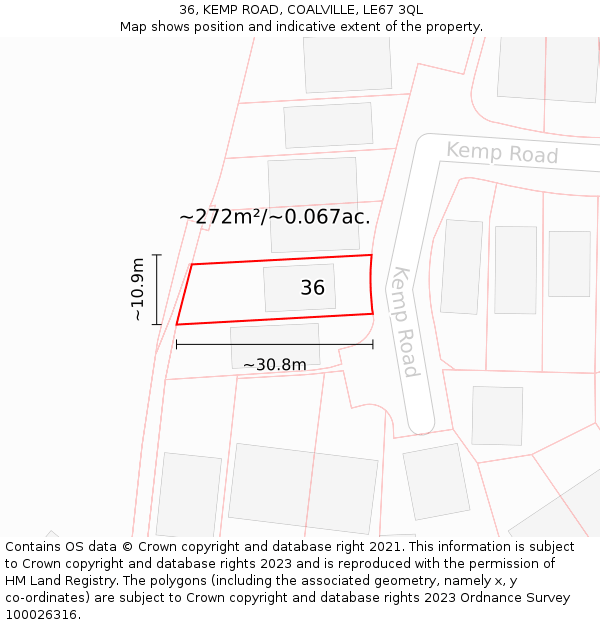 36, KEMP ROAD, COALVILLE, LE67 3QL: Plot and title map