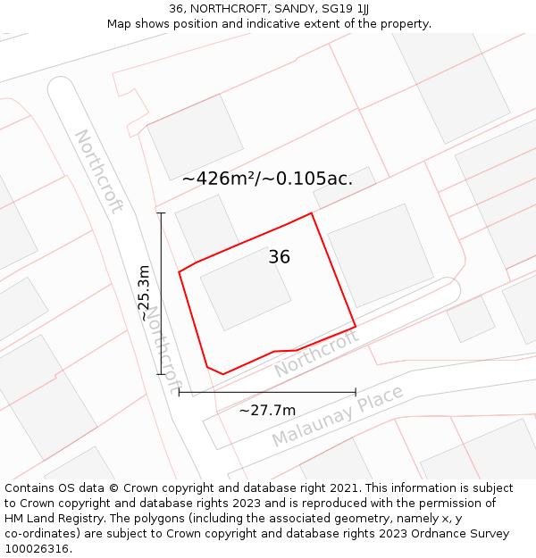 36, NORTHCROFT, SANDY, SG19 1JJ: Plot and title map