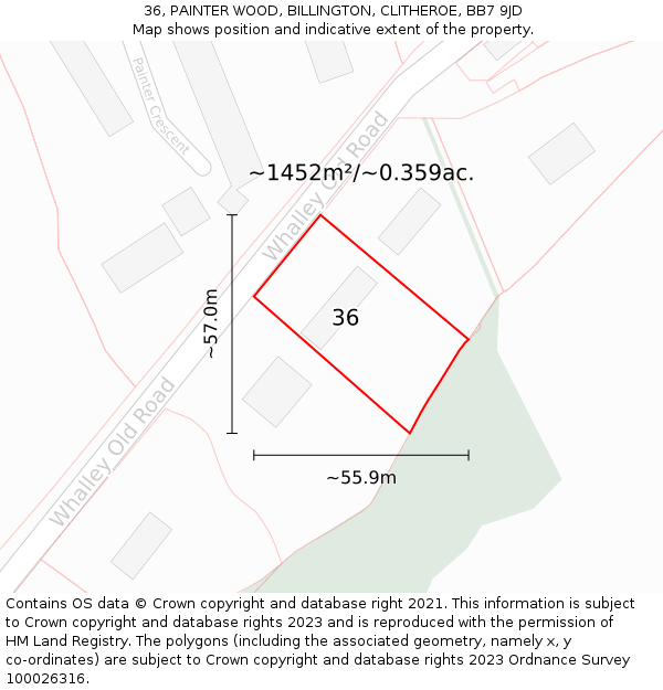 36, PAINTER WOOD, BILLINGTON, CLITHEROE, BB7 9JD: Plot and title map