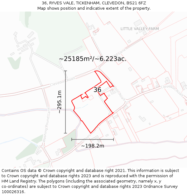 36, RYVES VALE, TICKENHAM, CLEVEDON, BS21 6FZ: Plot and title map