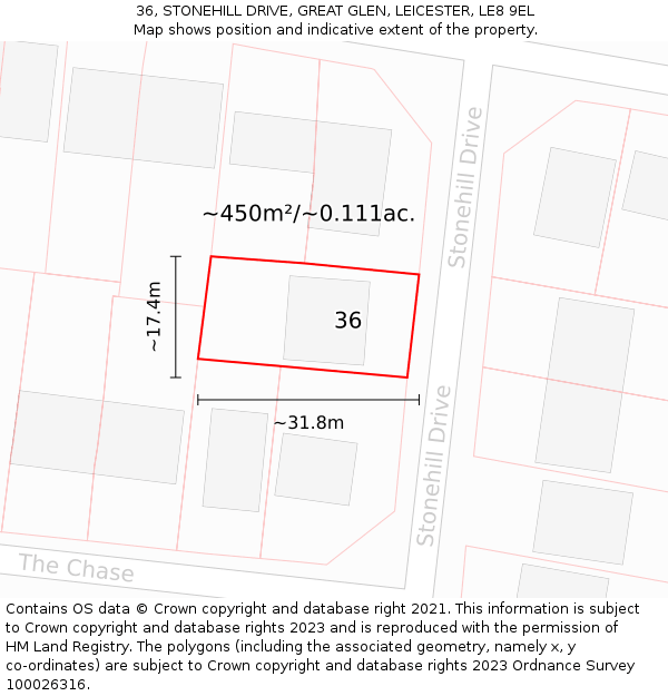 36, STONEHILL DRIVE, GREAT GLEN, LEICESTER, LE8 9EL: Plot and title map