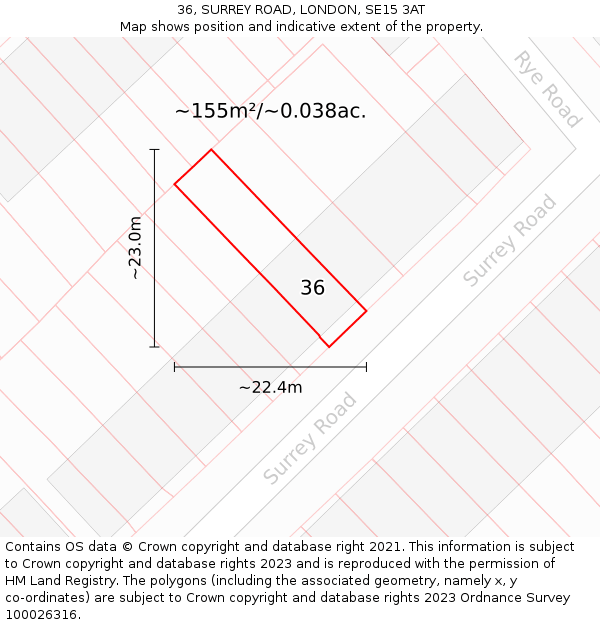 36, SURREY ROAD, LONDON, SE15 3AT: Plot and title map