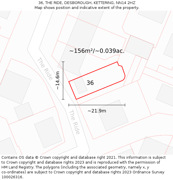 36, THE RIDE, DESBOROUGH, KETTERING, NN14 2HZ: Plot and title map