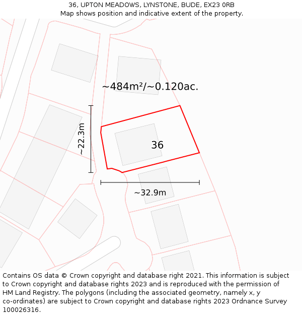 36, UPTON MEADOWS, LYNSTONE, BUDE, EX23 0RB: Plot and title map