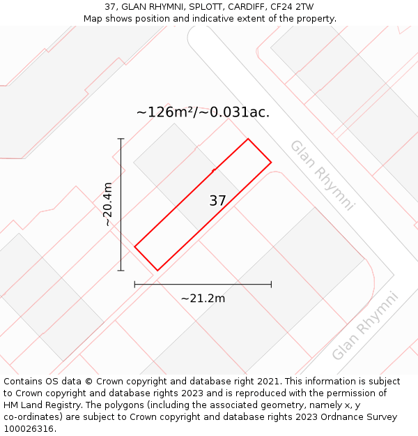 37, GLAN RHYMNI, SPLOTT, CARDIFF, CF24 2TW: Plot and title map