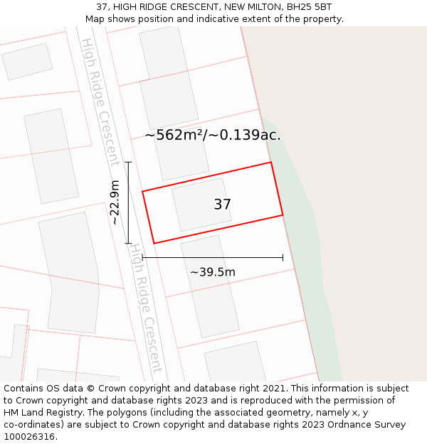 37, HIGH RIDGE CRESCENT, NEW MILTON, BH25 5BT: Plot and title map