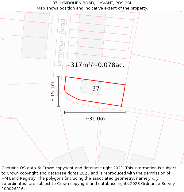 37, LYMBOURN ROAD, HAVANT, PO9 2SL: Plot and title map