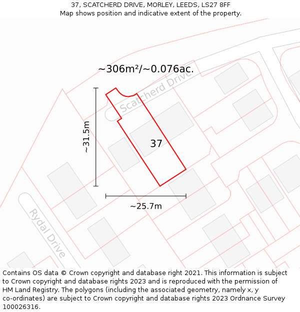 37, SCATCHERD DRIVE, MORLEY, LEEDS, LS27 8FF: Plot and title map