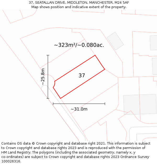 37, SEATALLAN DRIVE, MIDDLETON, MANCHESTER, M24 5AF: Plot and title map