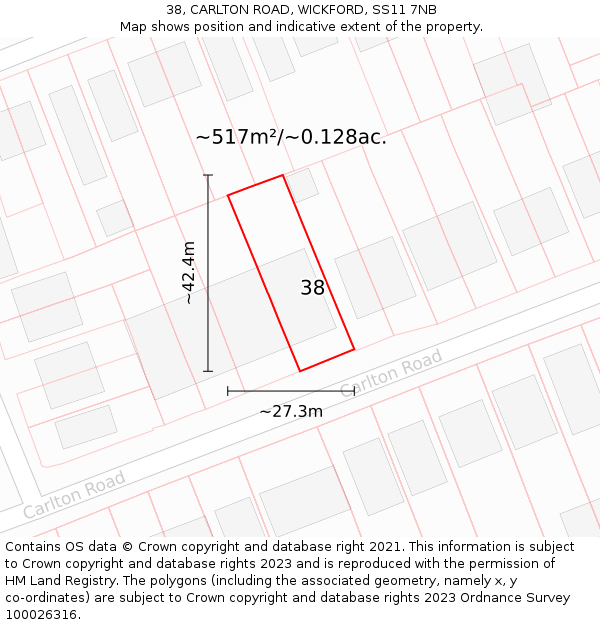 38, CARLTON ROAD, WICKFORD, SS11 7NB: Plot and title map