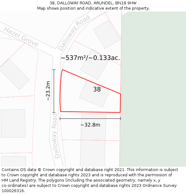 38, DALLOWAY ROAD, ARUNDEL, BN18 9HW: Plot and title map