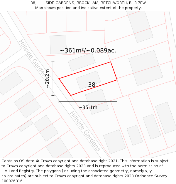 38, HILLSIDE GARDENS, BROCKHAM, BETCHWORTH, RH3 7EW: Plot and title map