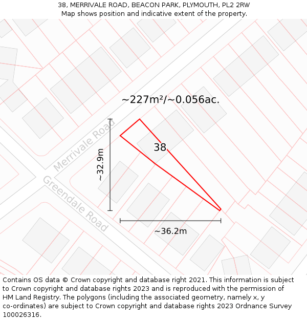 38, MERRIVALE ROAD, BEACON PARK, PLYMOUTH, PL2 2RW: Plot and title map