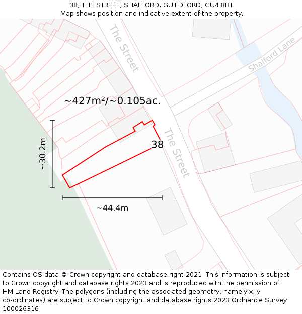 38, THE STREET, SHALFORD, GUILDFORD, GU4 8BT: Plot and title map