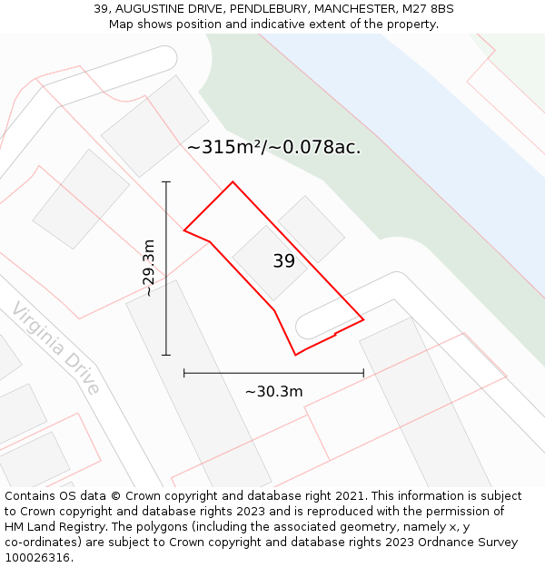 39, AUGUSTINE DRIVE, PENDLEBURY, MANCHESTER, M27 8BS: Plot and title map