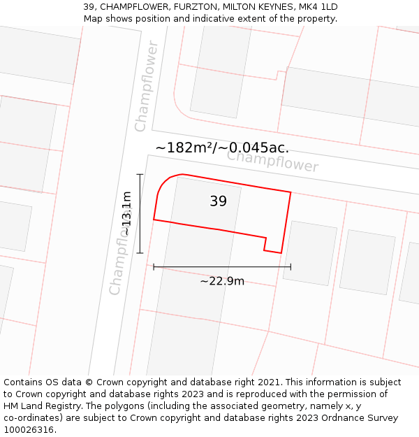 39, CHAMPFLOWER, FURZTON, MILTON KEYNES, MK4 1LD: Plot and title map