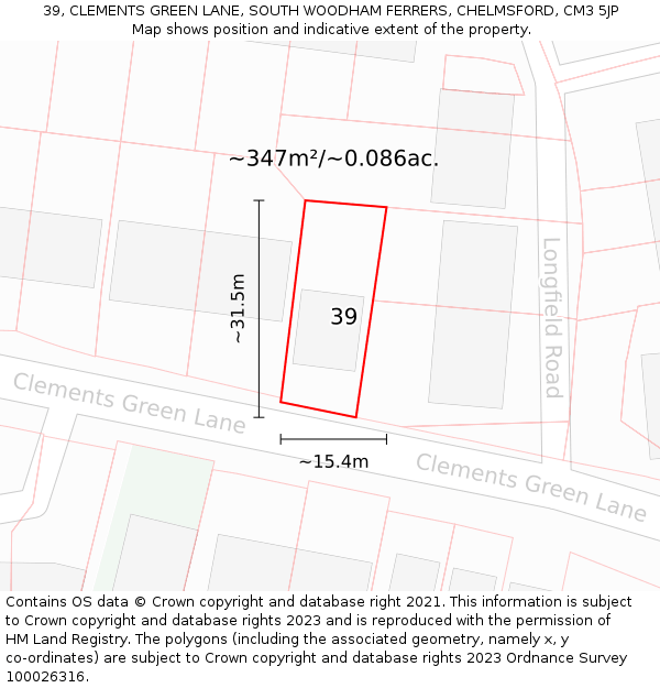 39, CLEMENTS GREEN LANE, SOUTH WOODHAM FERRERS, CHELMSFORD, CM3 5JP: Plot and title map