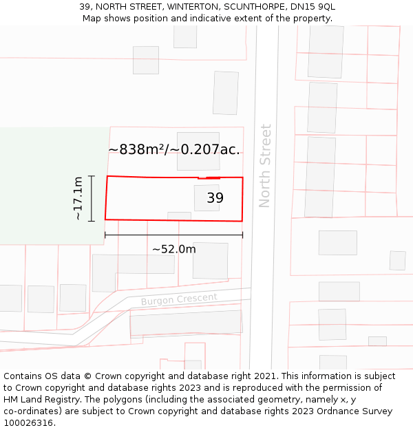 39, NORTH STREET, WINTERTON, SCUNTHORPE, DN15 9QL: Plot and title map