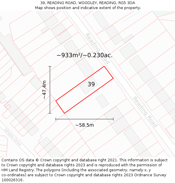 39, READING ROAD, WOODLEY, READING, RG5 3DA: Plot and title map