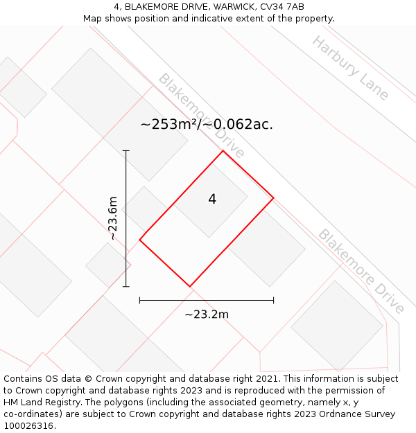 4, BLAKEMORE DRIVE, WARWICK, CV34 7AB: Plot and title map