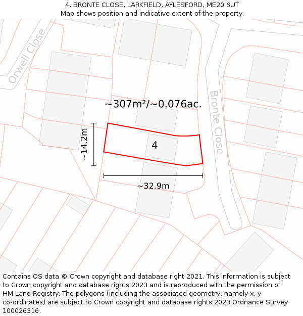 4, BRONTE CLOSE, LARKFIELD, AYLESFORD, ME20 6UT: Plot and title map