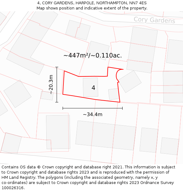 4, CORY GARDENS, HARPOLE, NORTHAMPTON, NN7 4ES: Plot and title map