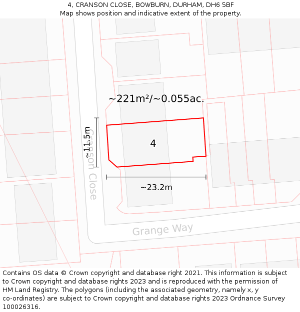 4, CRANSON CLOSE, BOWBURN, DURHAM, DH6 5BF: Plot and title map