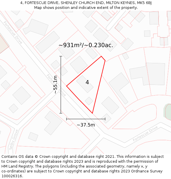 4, FORTESCUE DRIVE, SHENLEY CHURCH END, MILTON KEYNES, MK5 6BJ: Plot and title map