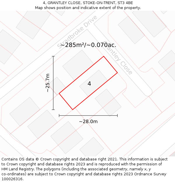 4, GRANTLEY CLOSE, STOKE-ON-TRENT, ST3 4BE: Plot and title map