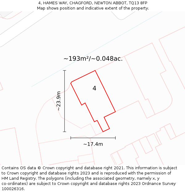 4, HAMES WAY, CHAGFORD, NEWTON ABBOT, TQ13 8FP: Plot and title map