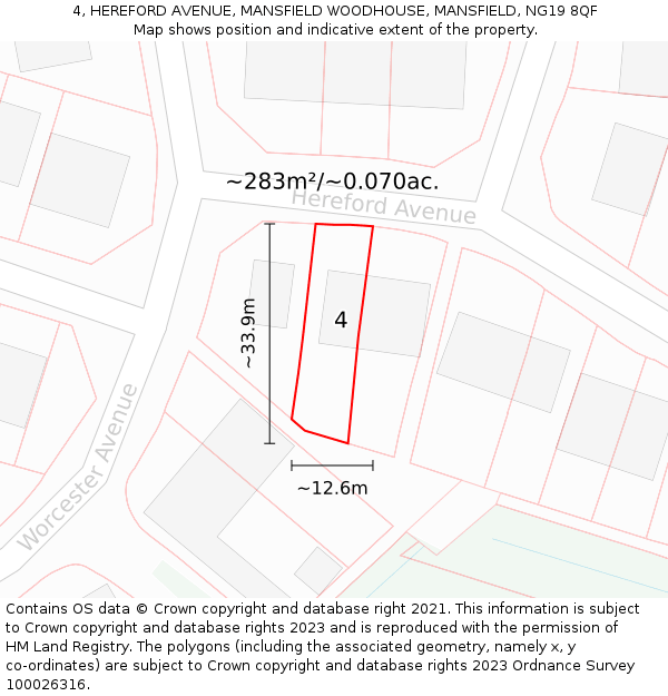 4, HEREFORD AVENUE, MANSFIELD WOODHOUSE, MANSFIELD, NG19 8QF: Plot and title map