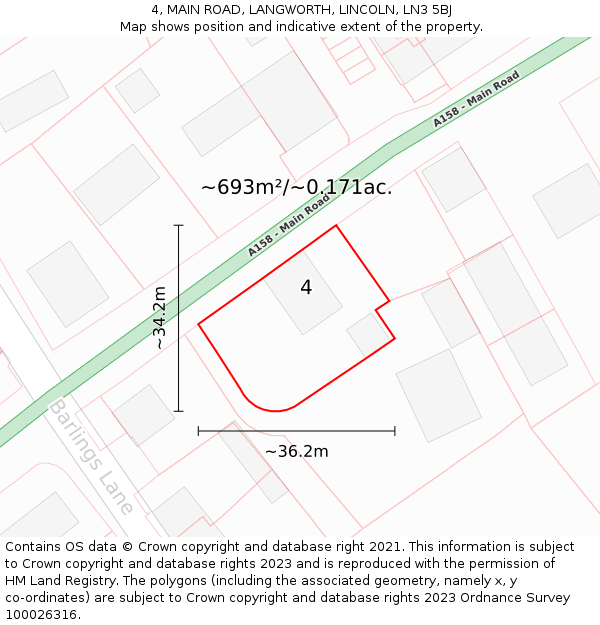 4, MAIN ROAD, LANGWORTH, LINCOLN, LN3 5BJ: Plot and title map