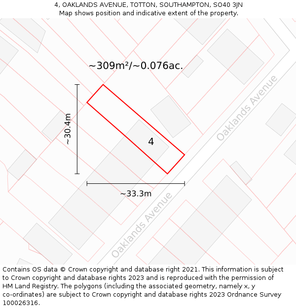 4, OAKLANDS AVENUE, TOTTON, SOUTHAMPTON, SO40 3JN: Plot and title map