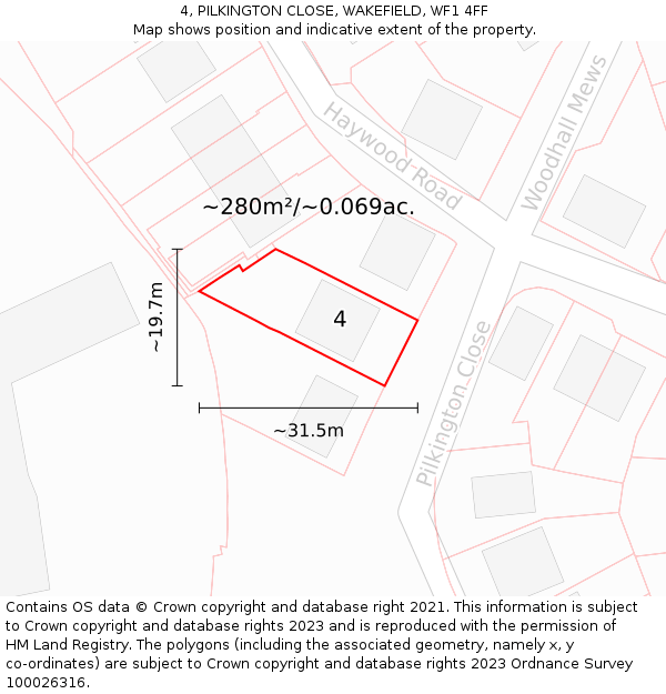 4, PILKINGTON CLOSE, WAKEFIELD, WF1 4FF: Plot and title map