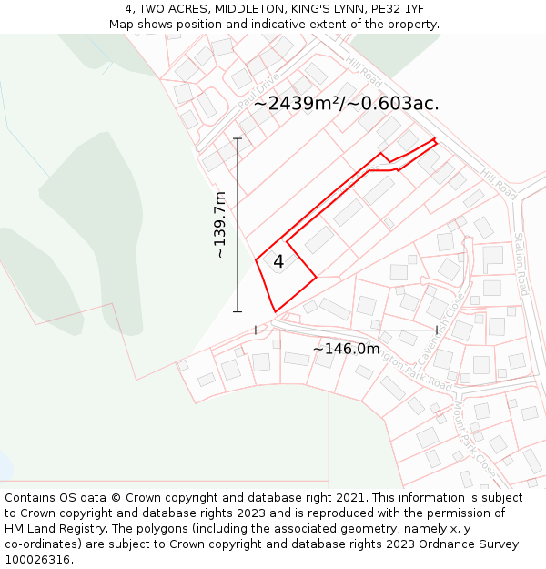 4, TWO ACRES, MIDDLETON, KING'S LYNN, PE32 1YF: Plot and title map