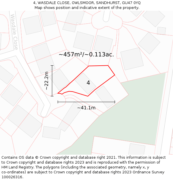 4, WASDALE CLOSE, OWLSMOOR, SANDHURST, GU47 0YQ: Plot and title map