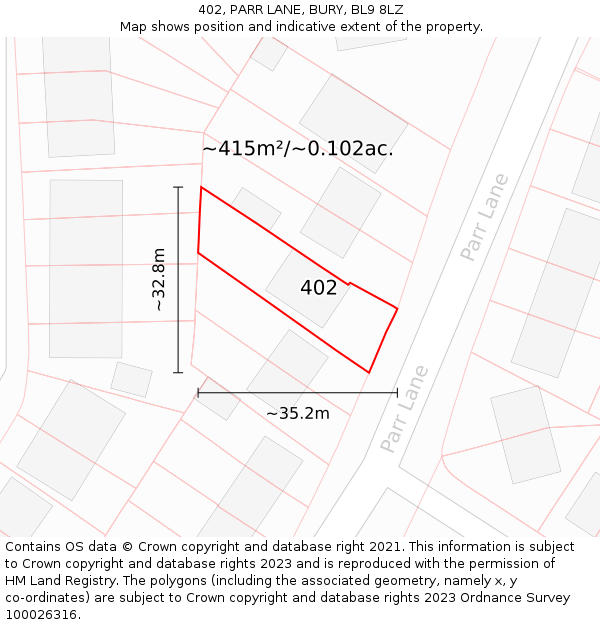 402, PARR LANE, BURY, BL9 8LZ: Plot and title map